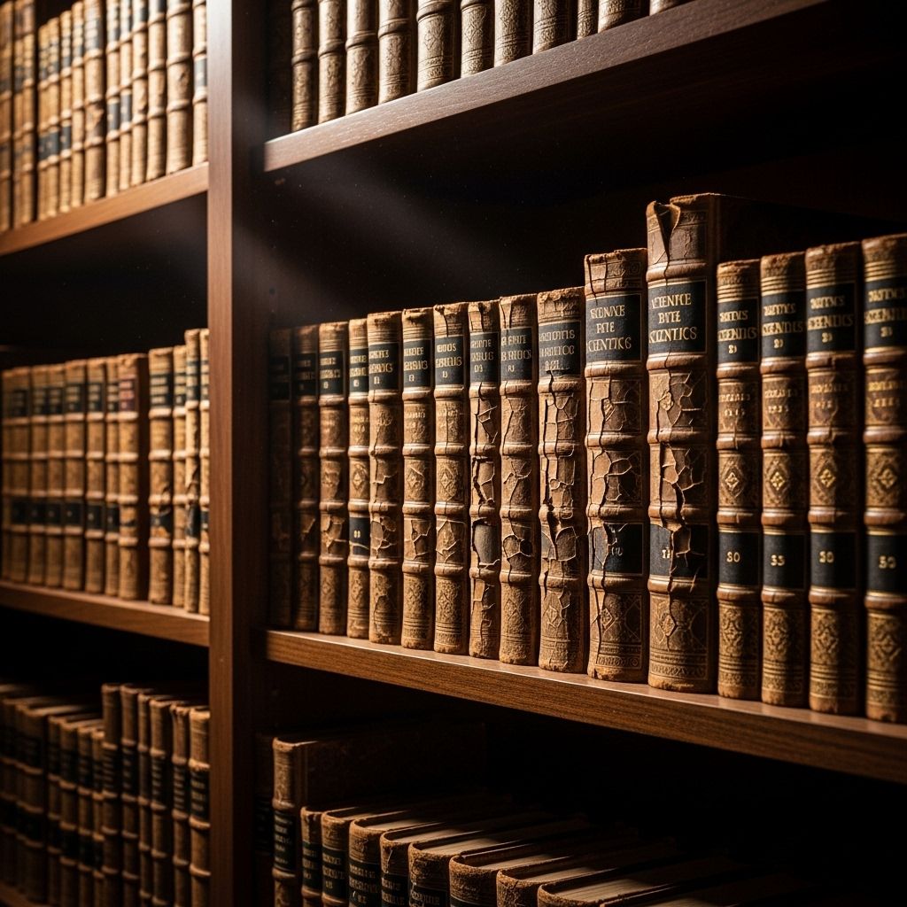 Aged scientific reference books with worn leather spines arranged on dark wooden library shelves with warm directional lighting creating deep scholarly atmosphere