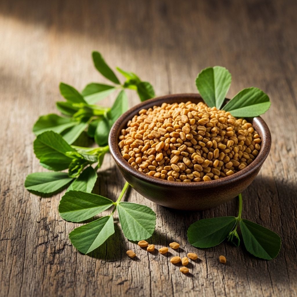 Dried fenugreek seeds in a small ceramic bowl surrounded by fresh fenugreek leaves on a worn wooden kitchen surface with warm indirect natural light