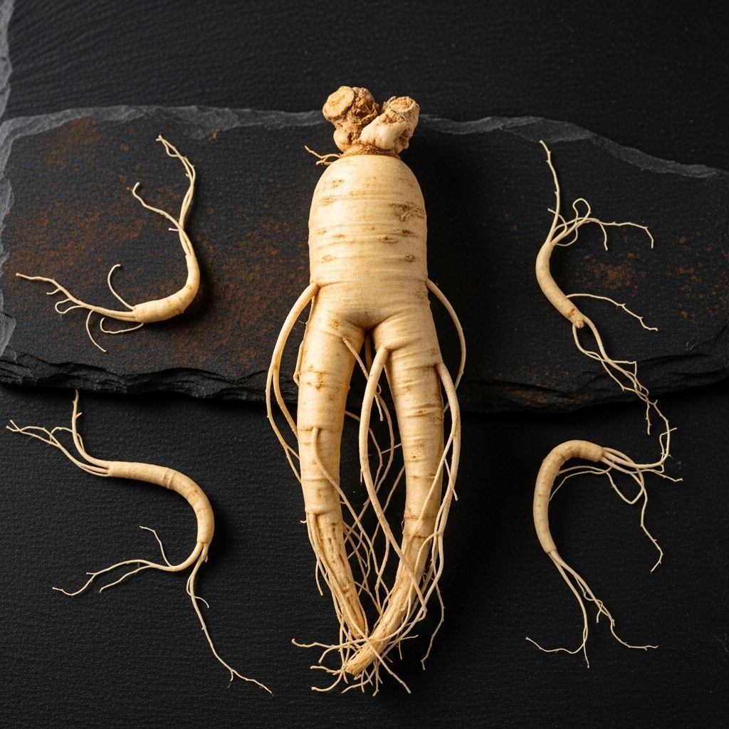 Fresh Panax ginseng root with forked shape and light beige colouring displayed on dark slate surface with scattered small roots and earthy organic texture