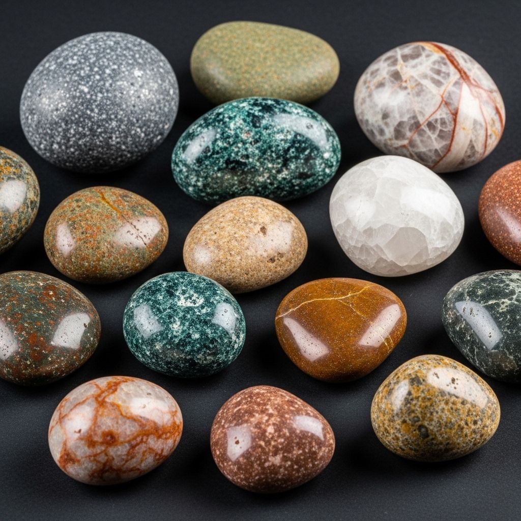 Collection of naturally polished mineral stones in varied earth tones and textures including zinc-grey, copper-green and magnesium-white hues arranged on a dark surface