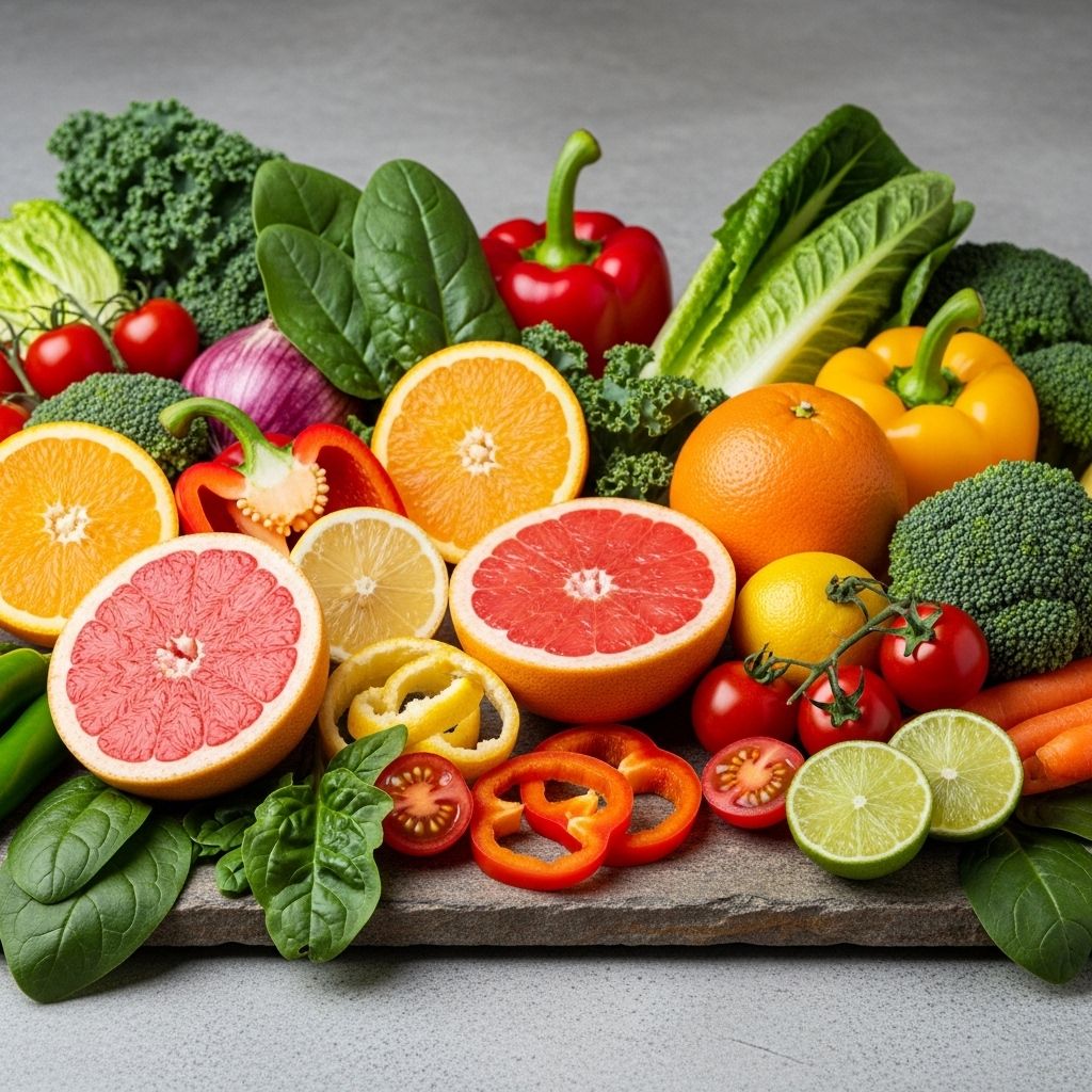 Arrangement of vibrant fresh citrus fruits, leafy greens, and colourful vegetables on a natural stone surface, representing diverse dietary sources of vitamins